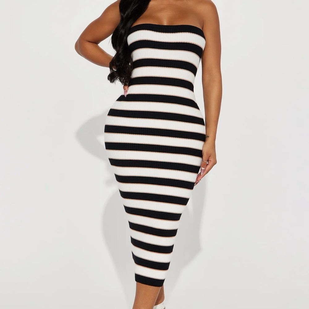 Striped midi dress - Black/White/Taupe
